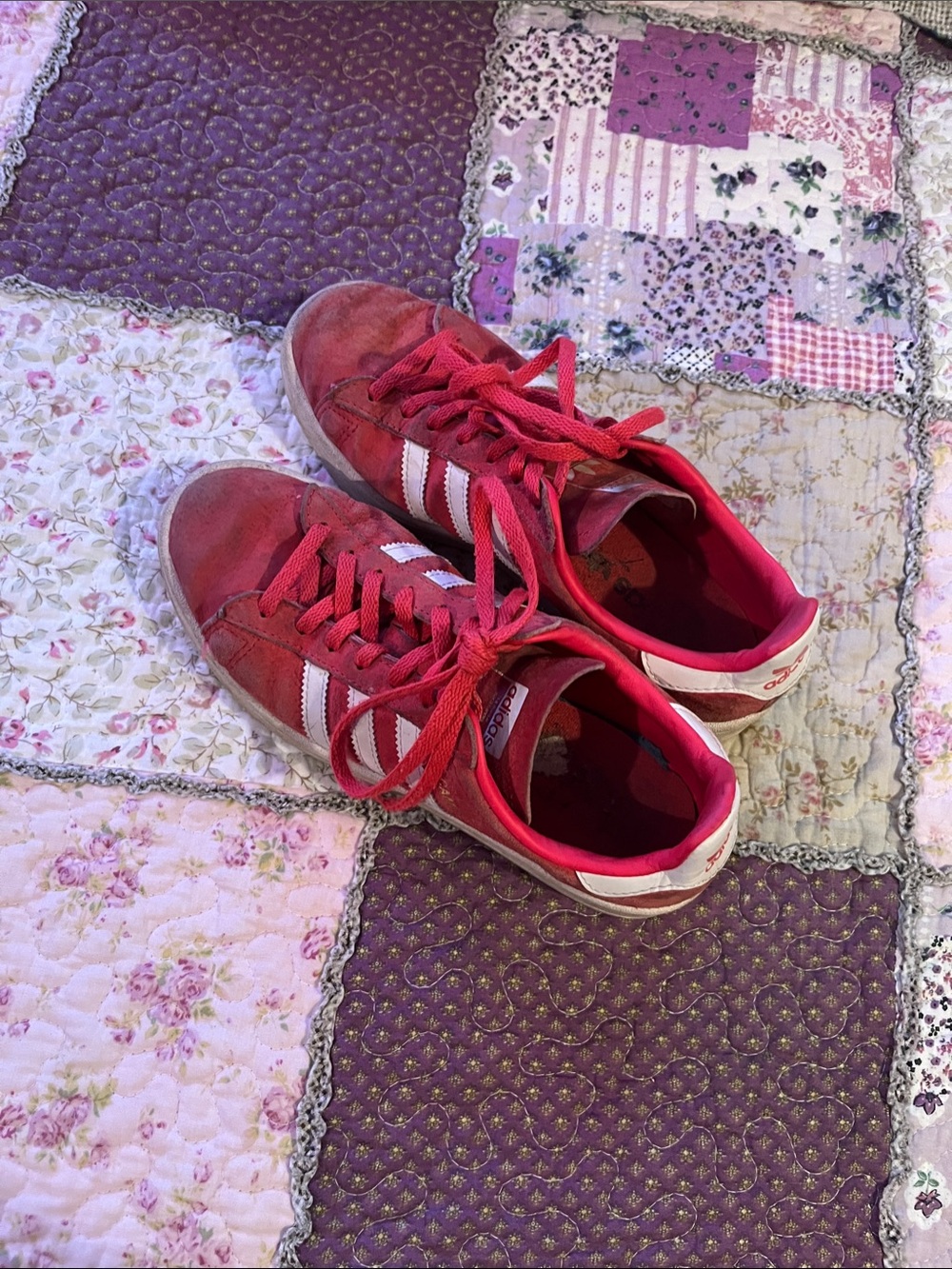 adidas Kids Red Suede Sneakers with White Stripes